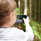 Ein Mädchen macht ein Foto im Wald mit einem Smartphone.