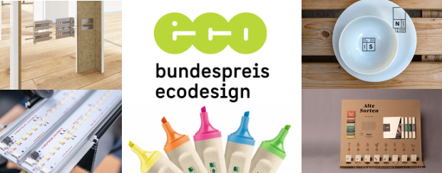 Logo des Bundespreis Ecodesign und verschiedene, nachhaltig designte Produkte: zum Beispiel Geschirr, Textmarker und Beleuchtung.