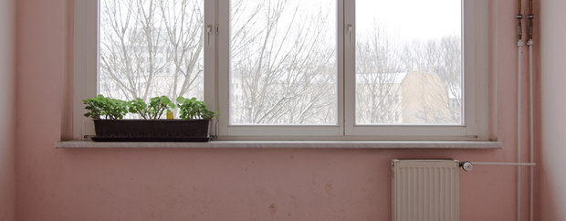 Heizung und Fenster einer Wohnung im Winter