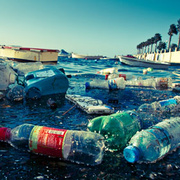 Schwimmende Plastikflaschen im Meer.