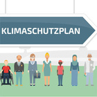 Die Bundesregierung hat 2016 ihre Strategie und nationale Ziele im Klimaschutzplan 2050 festgehalten. Clipart mit unterschiedlichen Menschen, im Hintergrund steht "Klimaschutzplan"