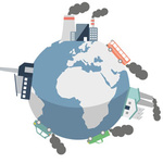Clipart Weltkugel mit verschiedenen Fabriken, die CO2 ausstoßen.