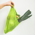 Eine Hand hält eine grüne Mehrwegtasche mit Gemüse hoch.