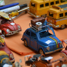 Nahaufnahme von Spielzeugautos, im Fokus ist ein blauer Oldtimer.