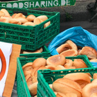 Helle Brötchen in Kisten und Tüten, im Hintergrund die Aufschrift "Foodsharing"