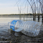 Auch aus größeren Plastikabfällen kann Mikroplastik entstehen. Eine Plastikflasche treibt auf einem See.