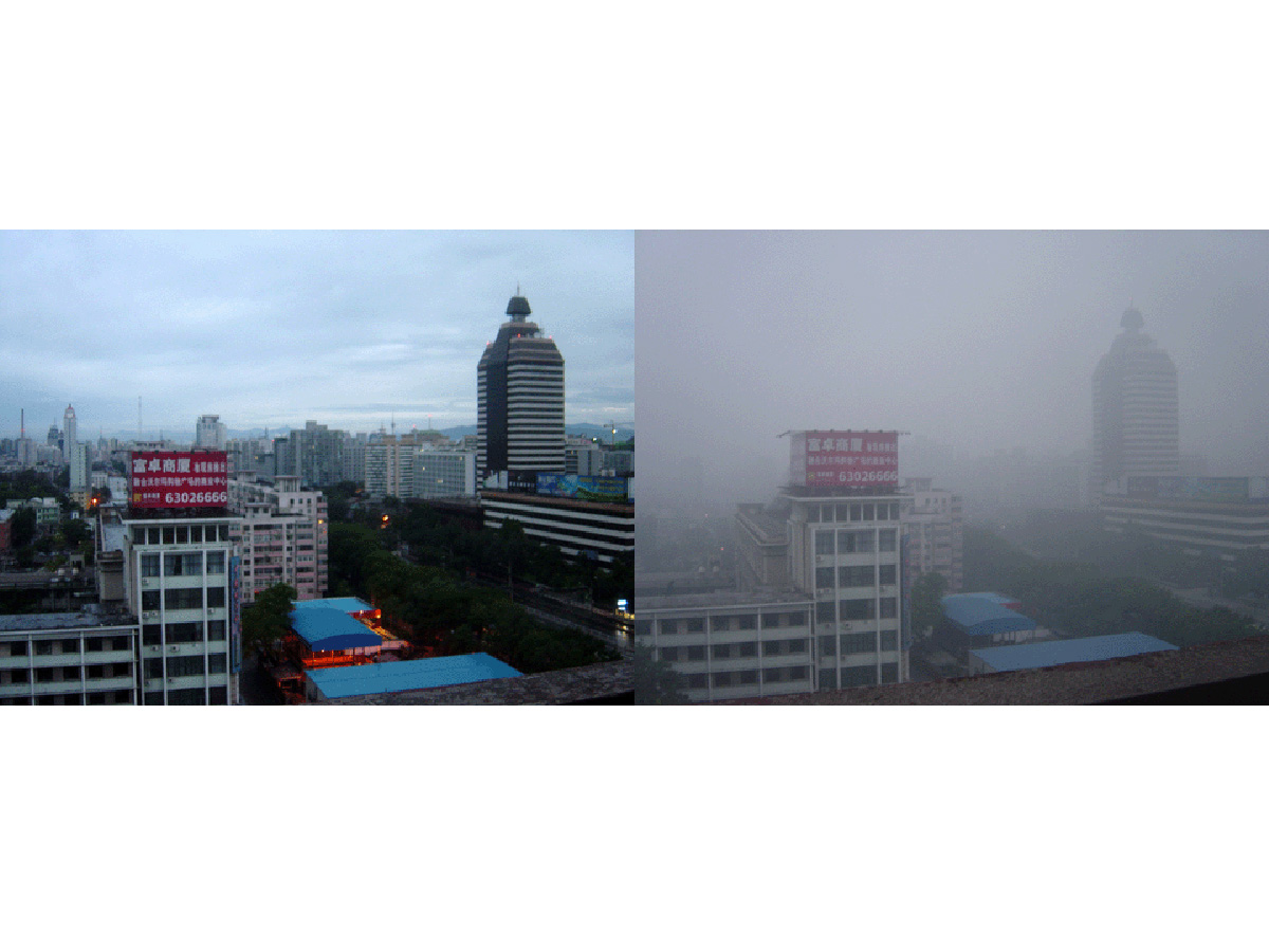 Zweimal das gleiche Motiv, ein Häuserblock in Peking - links mit klarer Sicht, rechts versmoggt (voller Rauch)