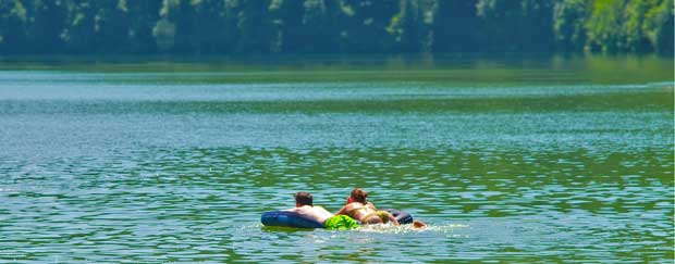 Zwei Personen schwimmen in einem See, im Hintergrund das Ufer mit dichtem Wald