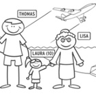 Wie hängen die Interessen von Urlaubern, Einwohnern und Umweltschutz zusammen? Ausschnitt einer Illustration; Familie mit startendem Flugzeug im Hintergrund