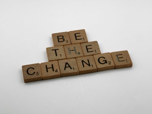 Braune Holzklötze mit dem Schriftzug "Be the Change"