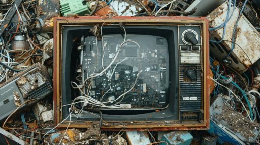 Alte, kaputte Fernsehgerät mit sichtbarer Elektronik und vielen Kabeln, umgeben von Elektronikschrott