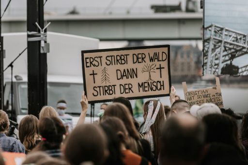 Demonstranten halten ein Schild mit der Aufschrift 'Erst stirbt der Wald, dann stirbt der Mensch' bei einer Kundgebung
