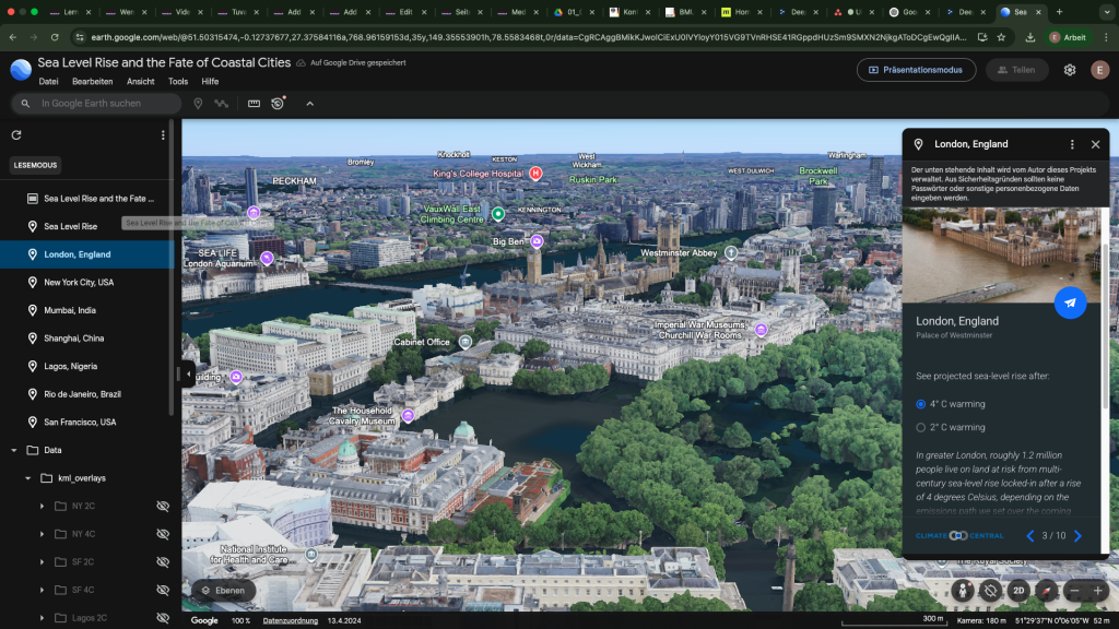 3D-Karte von London, England, in Google Earth mit Markierungen und Informationen zum projizierten Meeresspiegelanstieg