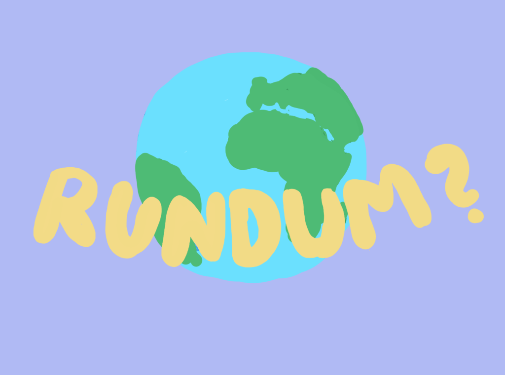 Illustration der Erdkugel. Darüber das Wort "Rundum?"