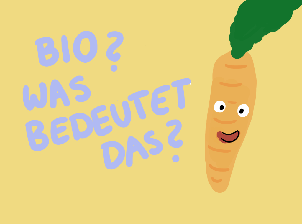 Illustration einer Karotte mit Gesicht. Daneben steht: Bio? was bedeutet das?