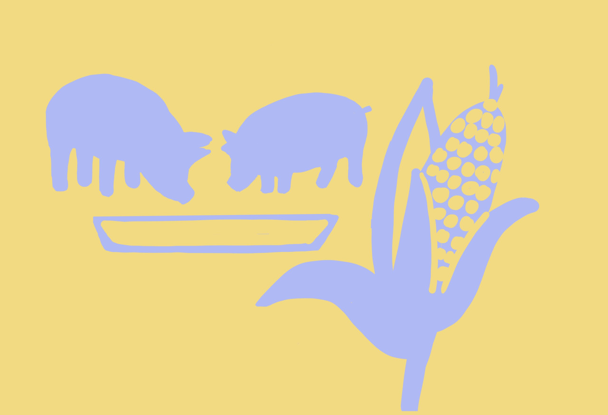 Illustration: Zwei Schweine an einem Trog. Im Vordergrund ein Maiskolben.