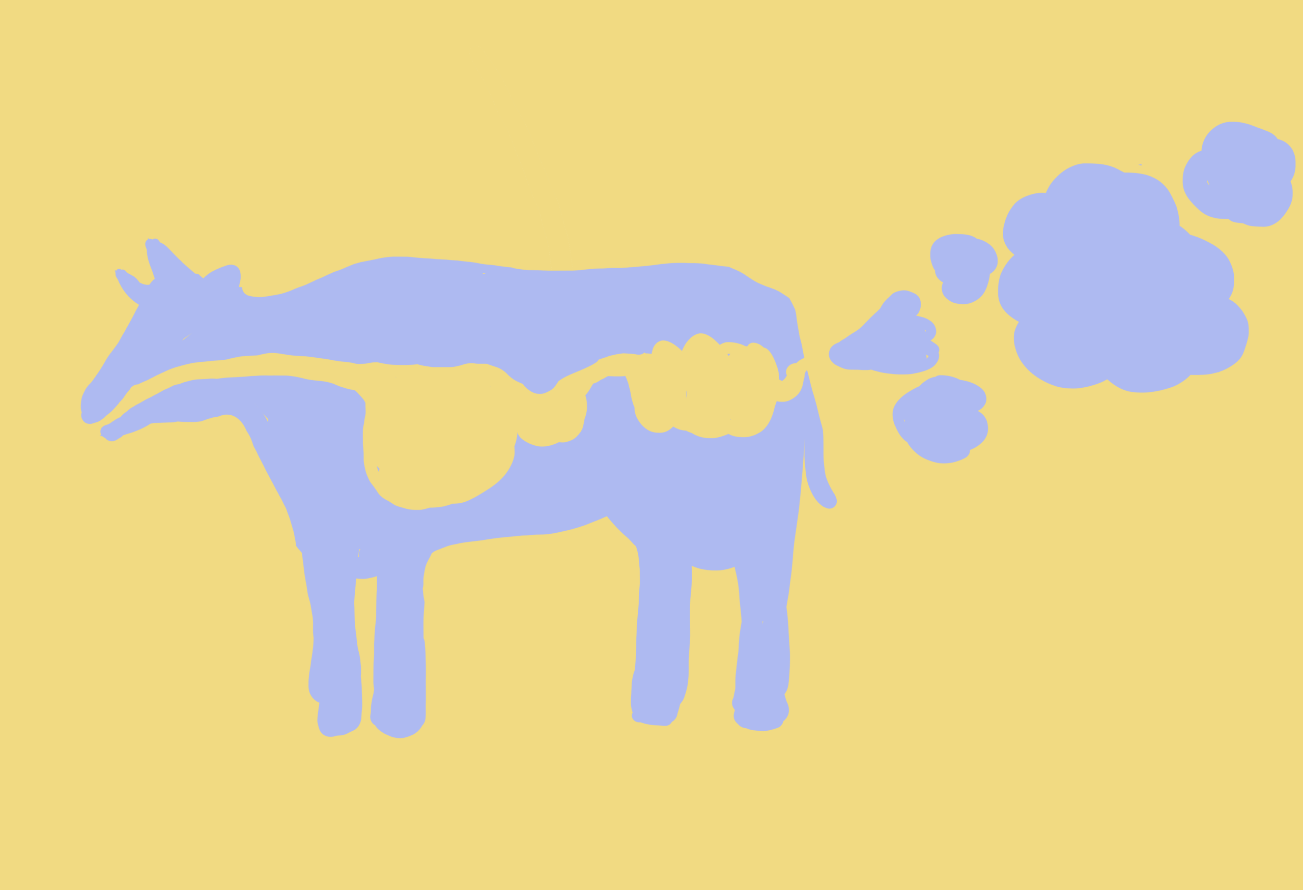 Illustration: Silhouette von einer Kuh mit ihrem Magen und Darm. Die Kuh pupst.