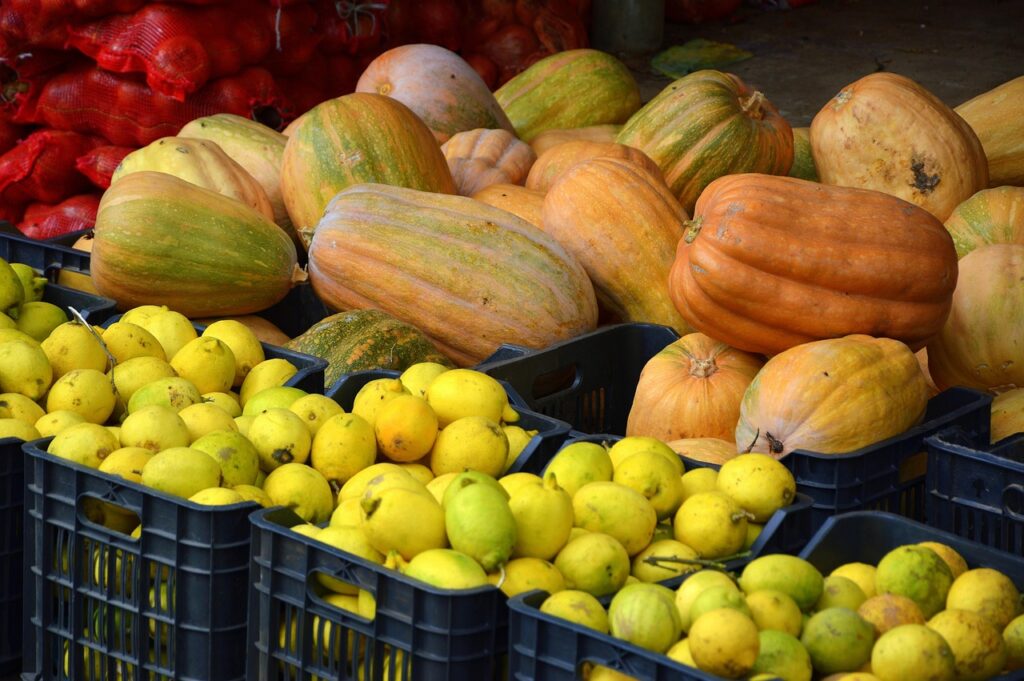 Verschiedene Kürbisse und gelbe Zitronen in schwarzen Kisten auf einem Marktstand