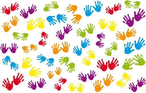 Bunte Handabdrücke mit weißem Hintergrund
