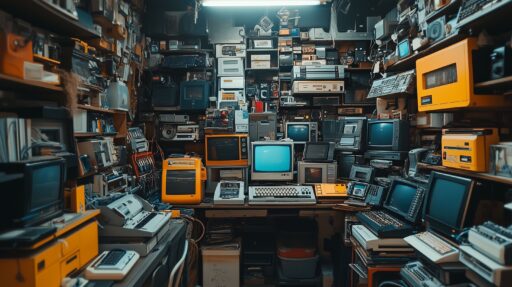 Stapel alter Elektronikgeräte in einem chaotischen Raum