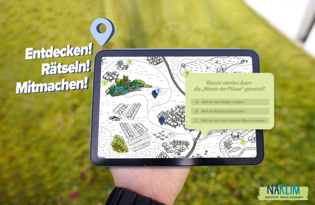 Hand hält Tablet mit einer schwarz-weißen Landkarte, auf der Flüsse, Felder und Wälder skizziert sind, dazu bunte Markierungen und ein grünes Textfeld mit der Frage 'Warum werden Auen die „Nieren der Flüsse“ genannt?' und drei Antwortmöglichkeiten.