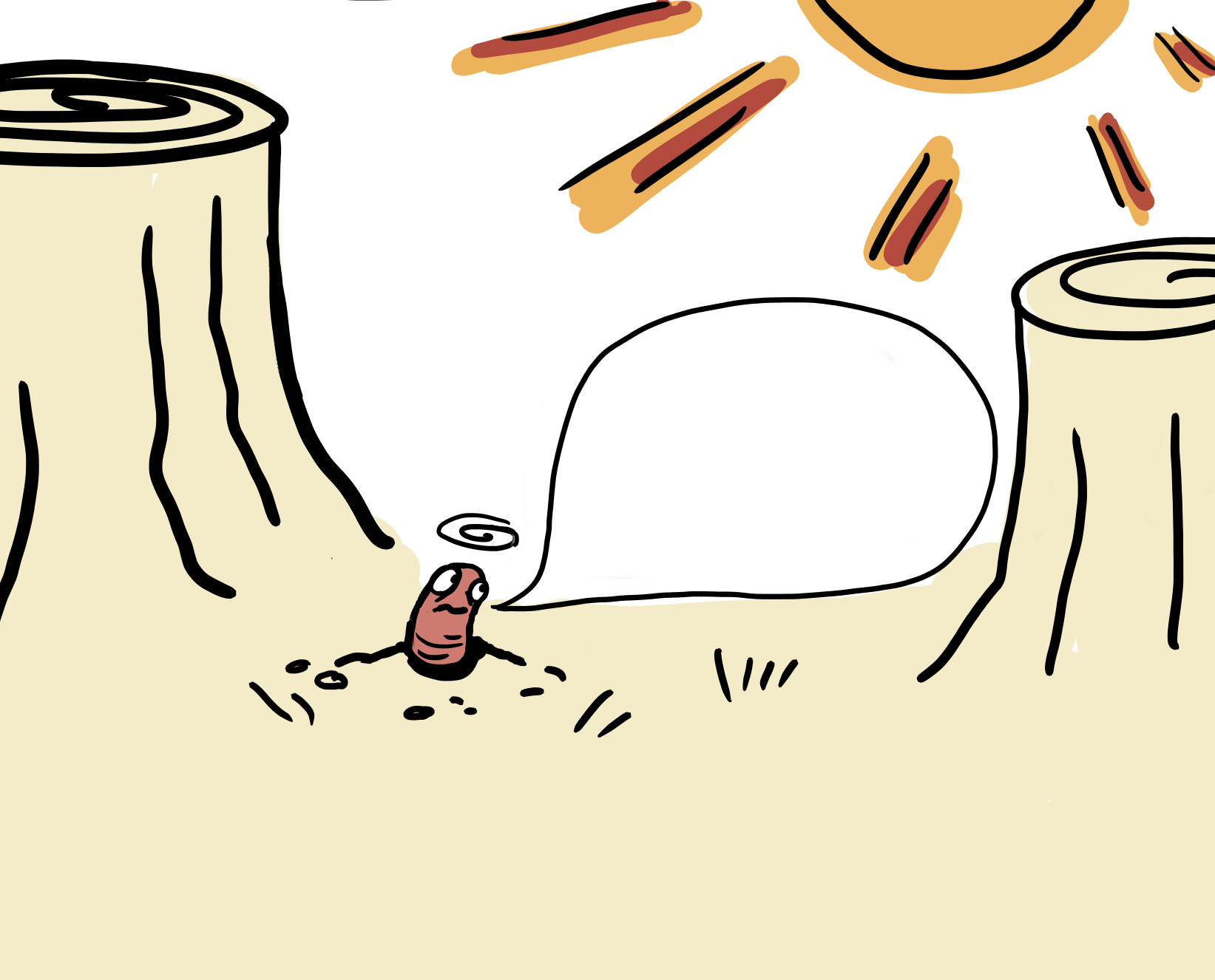 Illustration von einem Regenwurm zwischen zwei Baumstümpfen. Am Himmel brennt die Sonne.