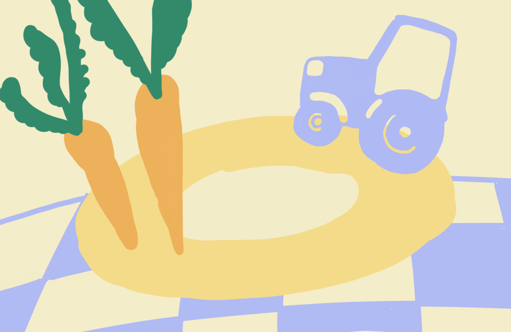 Illustration: Zwei Karotten und ein Traktor auf einem Teller.