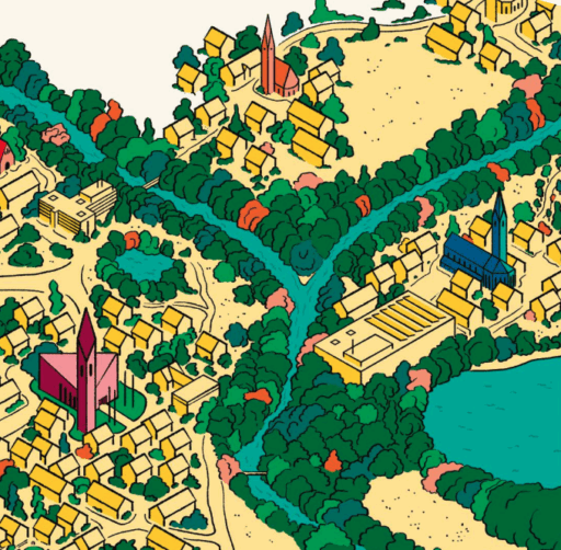 Illustration einer Stadt mit mehreren Kirchen, Wohnhäusern, Straßen, einem Fluss und einem See, umgeben von vielen Bäumen