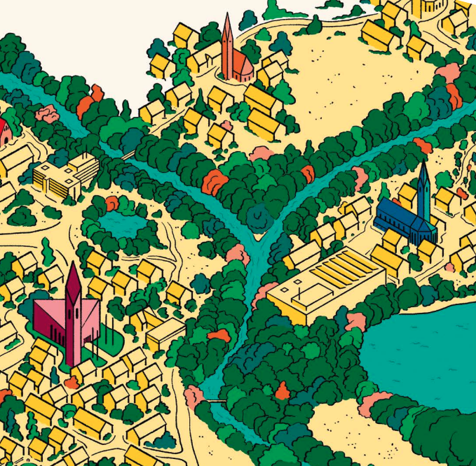 Illustration einer Stadt mit mehreren Kirchen, Wohnhäusern, Straßen, einem Fluss und einem See, umgeben von vielen Bäumen