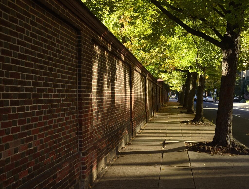 Ein Fußweg an einer Backsteinmauer. Straßenbäume werfen Schatten auf den Weg.