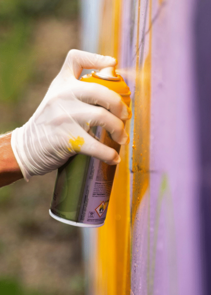 Eine Hand mit Einmalhandschuhe sprüht mit einer Spraydose Farbe auf eine bunte Wand.