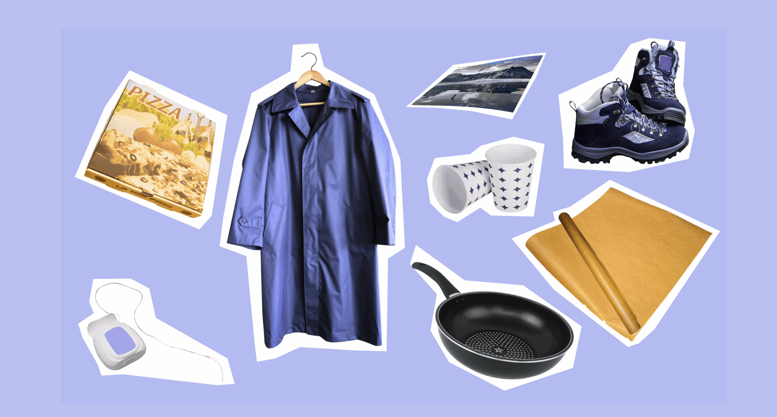 Eine Collage mit Pizzakarton, Regenjacke, Zahnseide, Pfanne, Fotopapier, Pappbechern Backpapier und Wanderschuhen.