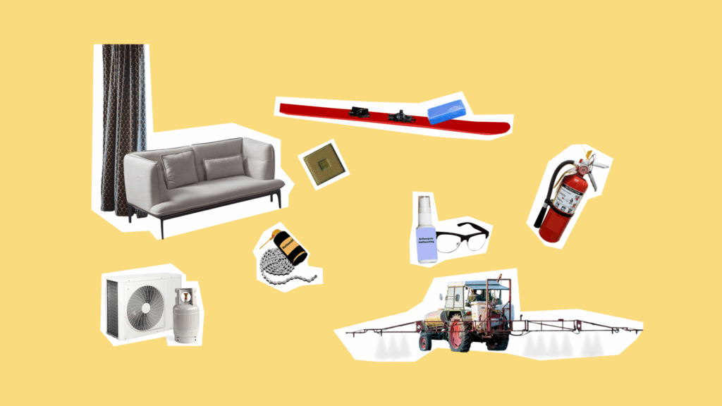 Eine Collage mit Vorhang und Sofa, Fahrradkette und Kettenöl, Klimaanlage und Kältemittel, Ski und Skiwachs, Mikrochip, Brille und Antibeschlagmittel, Traktor und Feuerlöscher.