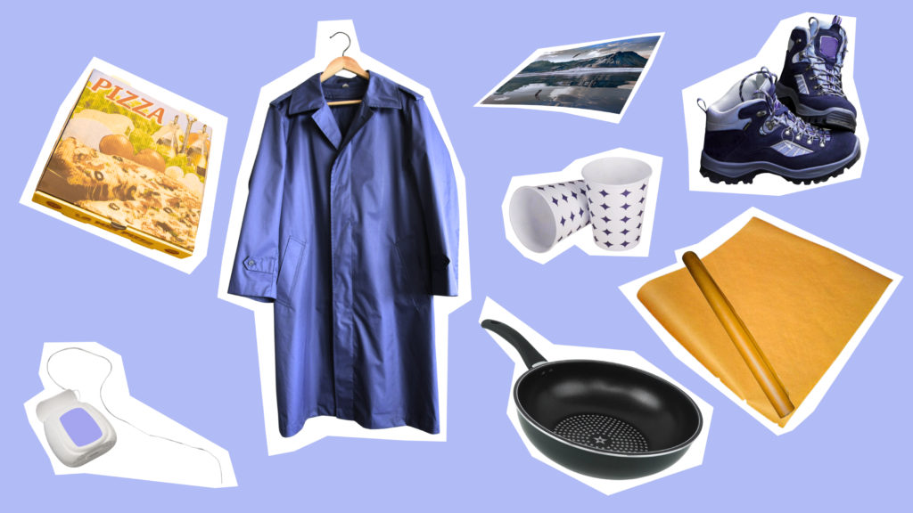 Eine Collage mit Pizzakarton, Regenjacke, Zahnseide, Pfanne, Fotopapier, Pappbechern Backpapier und Wanderschuhen.