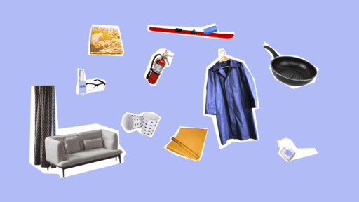 Eine Collage mit Pizzakarton, Regenjacke, Zahnseide, Pfanne, Fotopapier, Pappbechern Backpapier und Wanderschuhen.