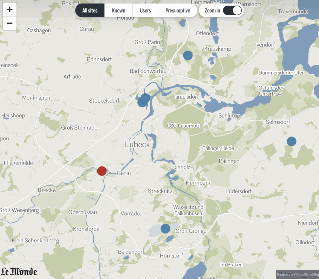 Screenshot der Karte des Forever Pollution Projects mit Zoom auf Lübeck.
