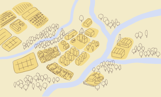 Eine Illustration einer Kleinstadt. Auf dem Bild sind das Rathaus, Einfamilienhäuser, Neubaublöcke, Industrie und Felder. Die Stadt liegt an zwei Flüssen.