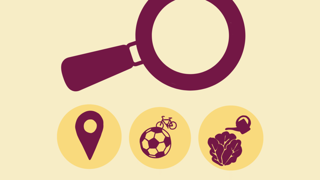 Eine große Lupe und drei Icon für Ort, Freizeitaktivitäten und Gemüsebau.