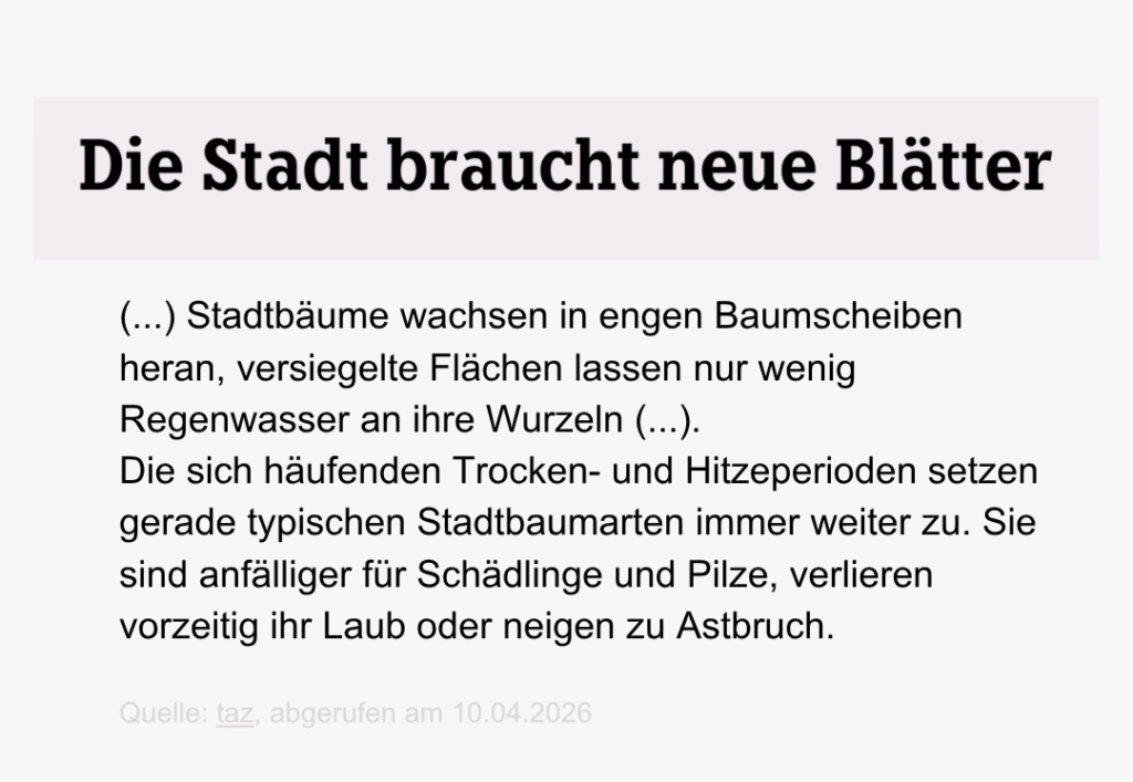 Artikel aus der taz über Bäume in der Stadt.