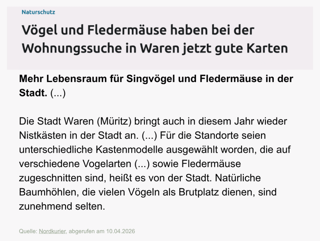 Artikel über Nistkästen für Fledermäuse und Vögel aus dem Nordkurier.