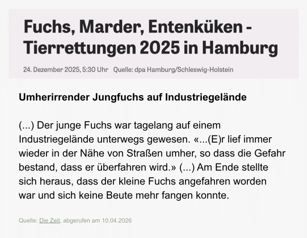 Artikel über Tierrettungen in Hamburg aus der Zeit.