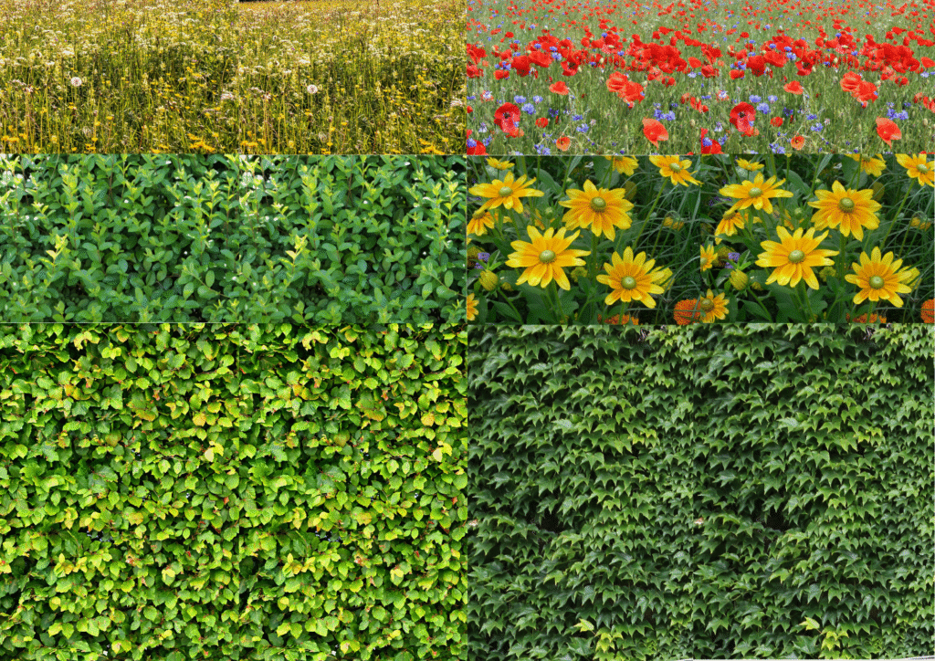 Collage mit Blumen, Wiese und rankenden Pflanzen