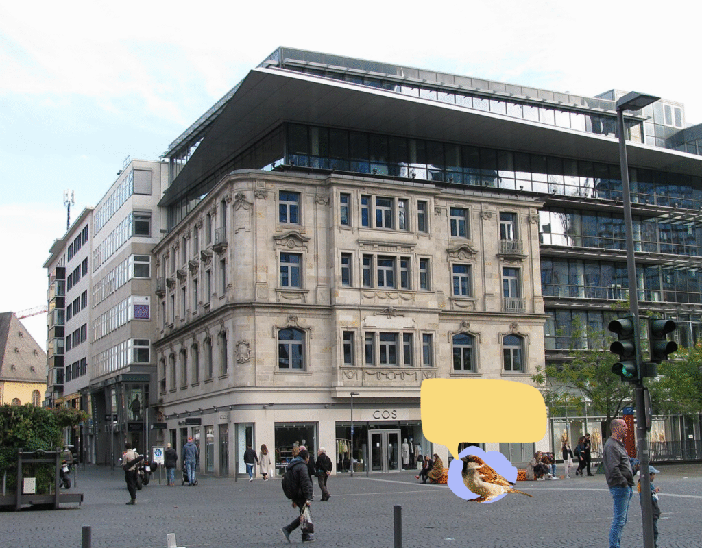 Innenstadt in Frankfurt am Main. Auf einem Platz mit Altbauten sitzt ein Spatz mit Sprechblase.