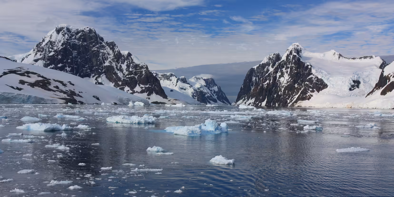 Bucht mit treibenden Eisschollen und schroffen, schneebedeckten Bergen im Hintergrund. Es zeigt Gebiete mit außerordentlicher Bedeutung für die Antarktis, die zum Schutzgebiet bestimmt werden.