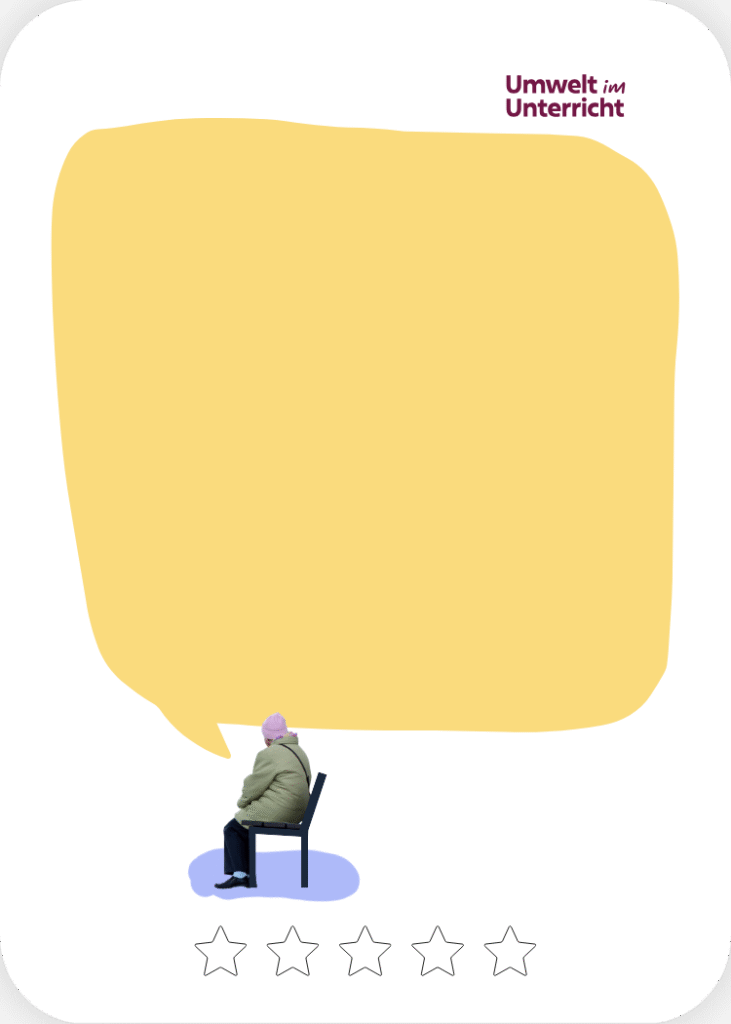 Eine ältere Frau mit einer Sprechblase.