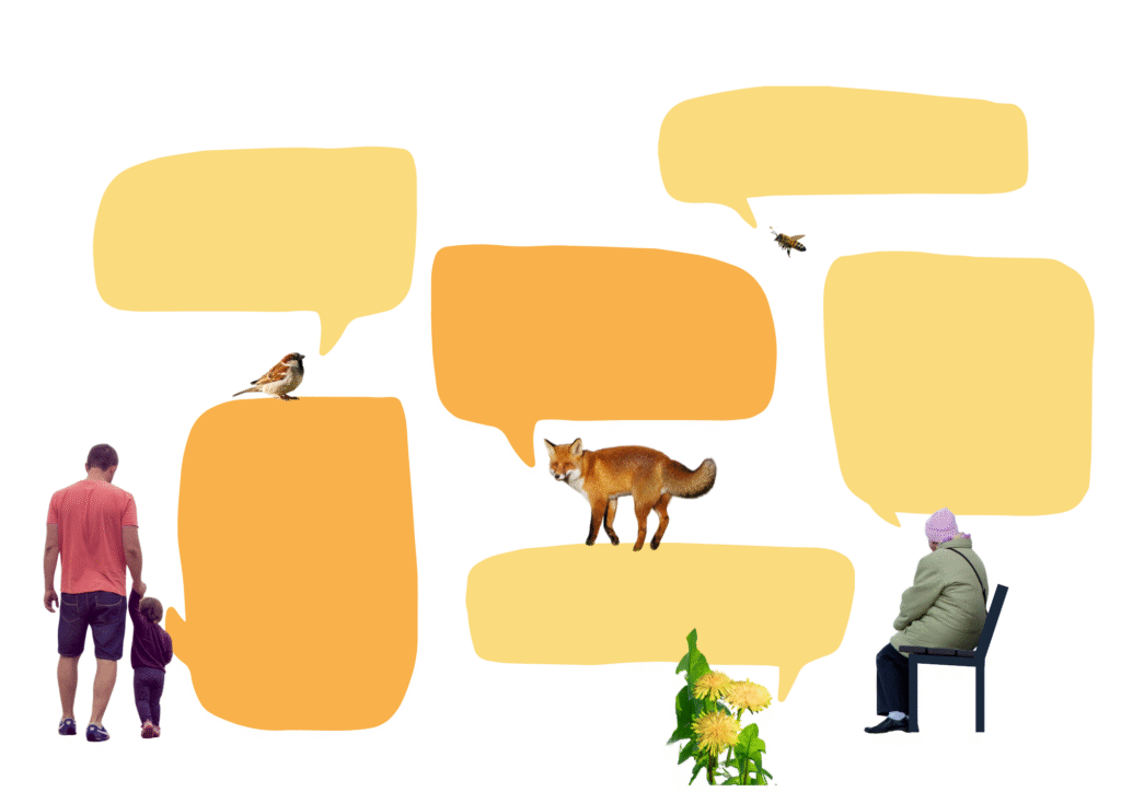 Verschiedene Tiere, Menschen und Pflanzen mit großen Sprechblasen.