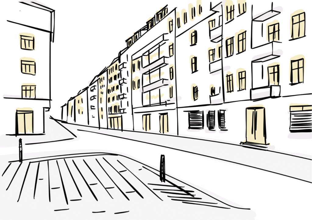 Skizze einer Straßenkreuzung mit Verkehrsinsel, Gehweg und Häusern.