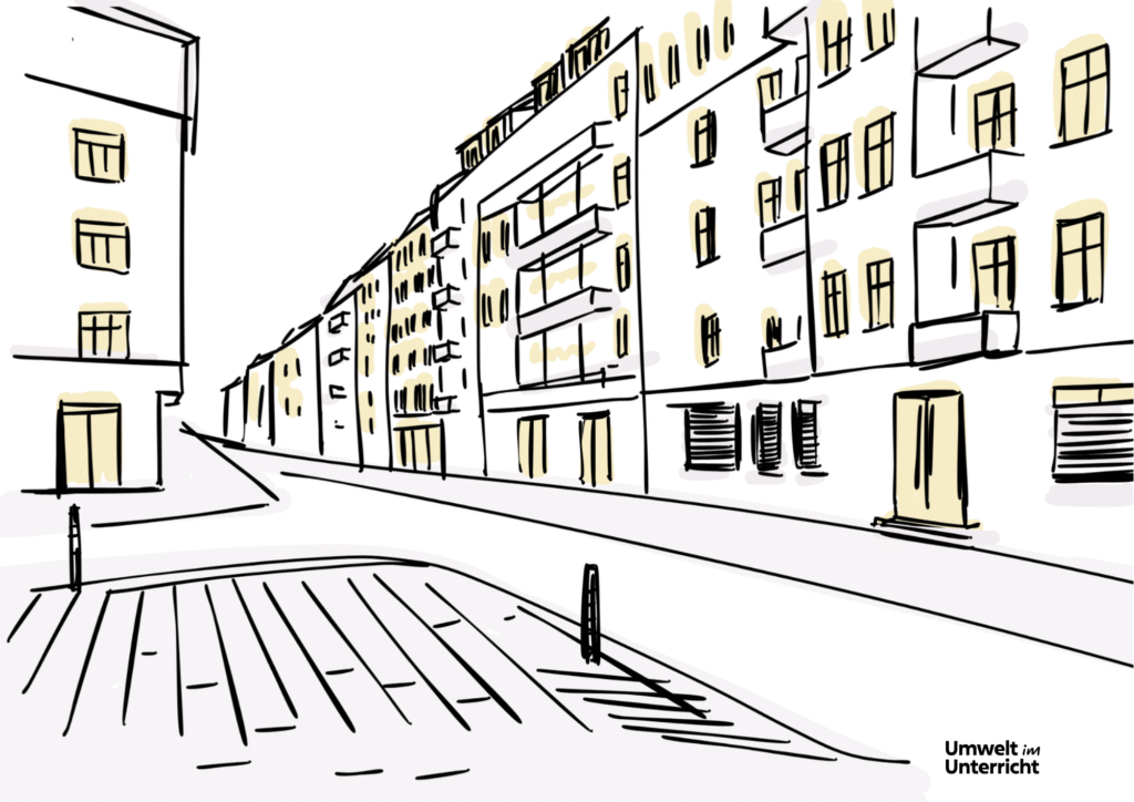 Skizze einer Straßenkreuzung mit Verkehrsinsel, Gehweg und Häusern.