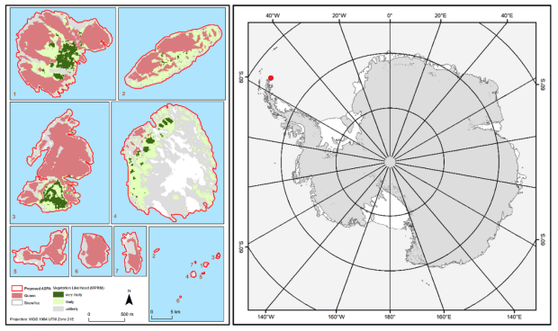 Karte mit mehreren Inseln, die unterschiedliche Vegetationszonen in Grün und Rot zeigen, daneben eine Karte mit einem roten Punkt der die Danger Island auf der Antarktis verortet.