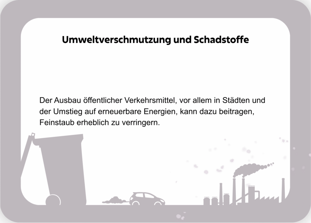 Bildkarte mit Text: Der Ausbau öffentlicher Verkehrsmittel, vor allem in Städten und der Umstieg auf erneuerbare Energien, kann dazu beitragen, Feinstaub erheblich zu verringern.
